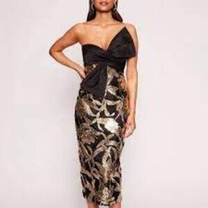 Marchesa Notte Lotus black gold floral sequin bow cocktail holiday midi dress 6